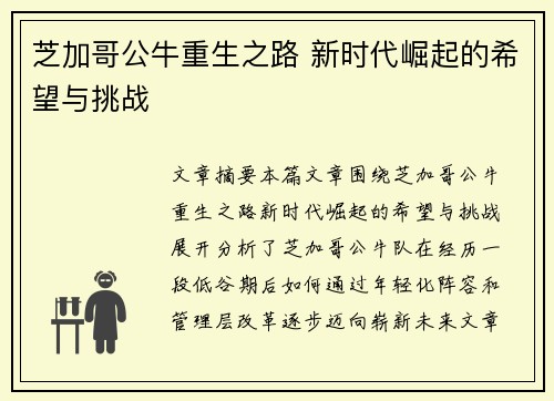 芝加哥公牛重生之路 新时代崛起的希望与挑战
