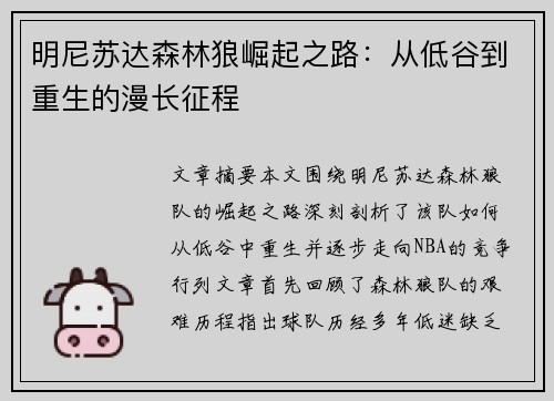 明尼苏达森林狼崛起之路：从低谷到重生的漫长征程
