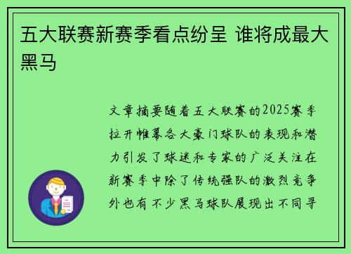 五大联赛新赛季看点纷呈 谁将成最大黑马